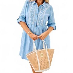 NWT LILLY PULITZER Lagoon Linen Shaela shirt dress in jacaranda blue size Small.